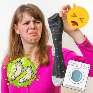 woman holding smelly sock with related graphics