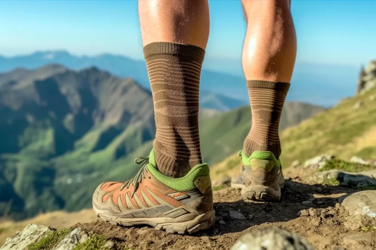 Boots and socks of hiking man